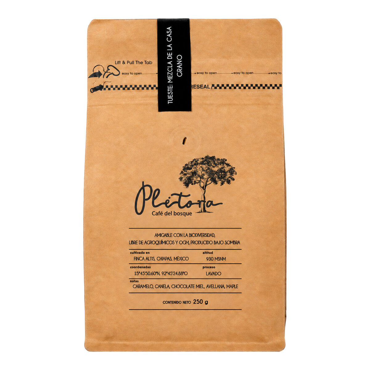 Café Plétora en grano, 250 g, mezcla de la casa — frente