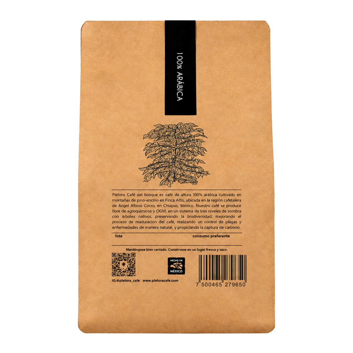 Café Plétora en grano, 250 g, mezcla de la casa — reverso