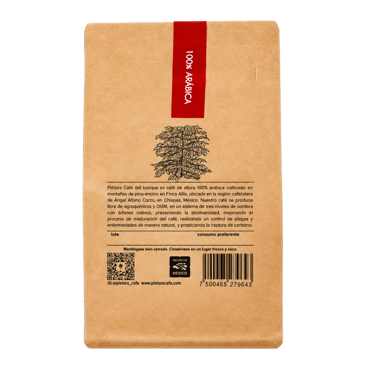 Café Plétora molido, molienda media, 250 g, mezcla de la casa — reverso